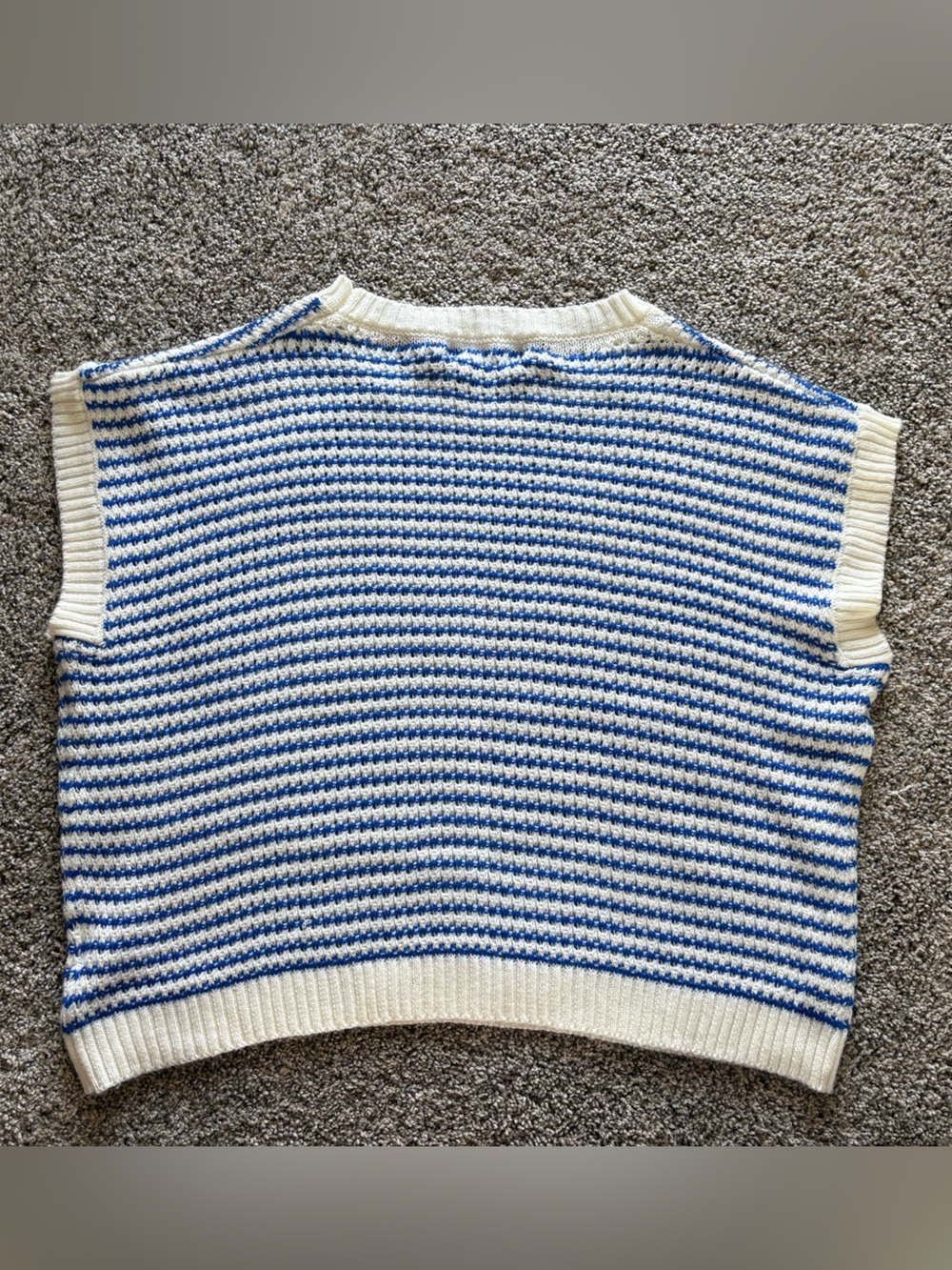 Striped Blue and Cream Sleeveless V-Neck Knit Top